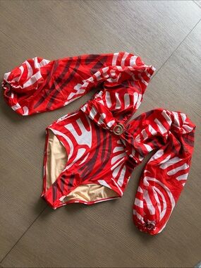 Red and White Printed One-Piece Swimsuit with Matching Pants